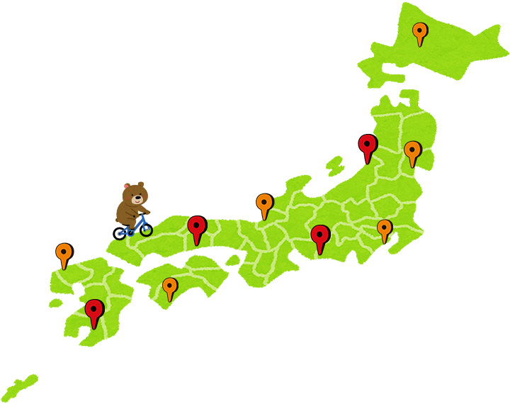 日本各地にポタリングスポットが点在していることを表したイラスト